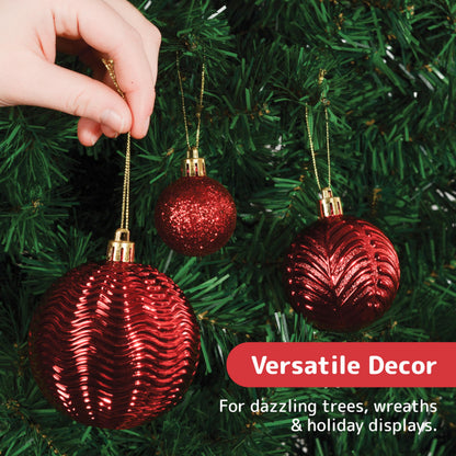 Prextex 36-Pieces Red Christmas Ornaments Set - Shatterproof, Festive Christmas Balls Decorations in 3 Sizes and 6 Styles with Hanging Loops for Tree, Wreath, and Dazzling Holiday Party Decor