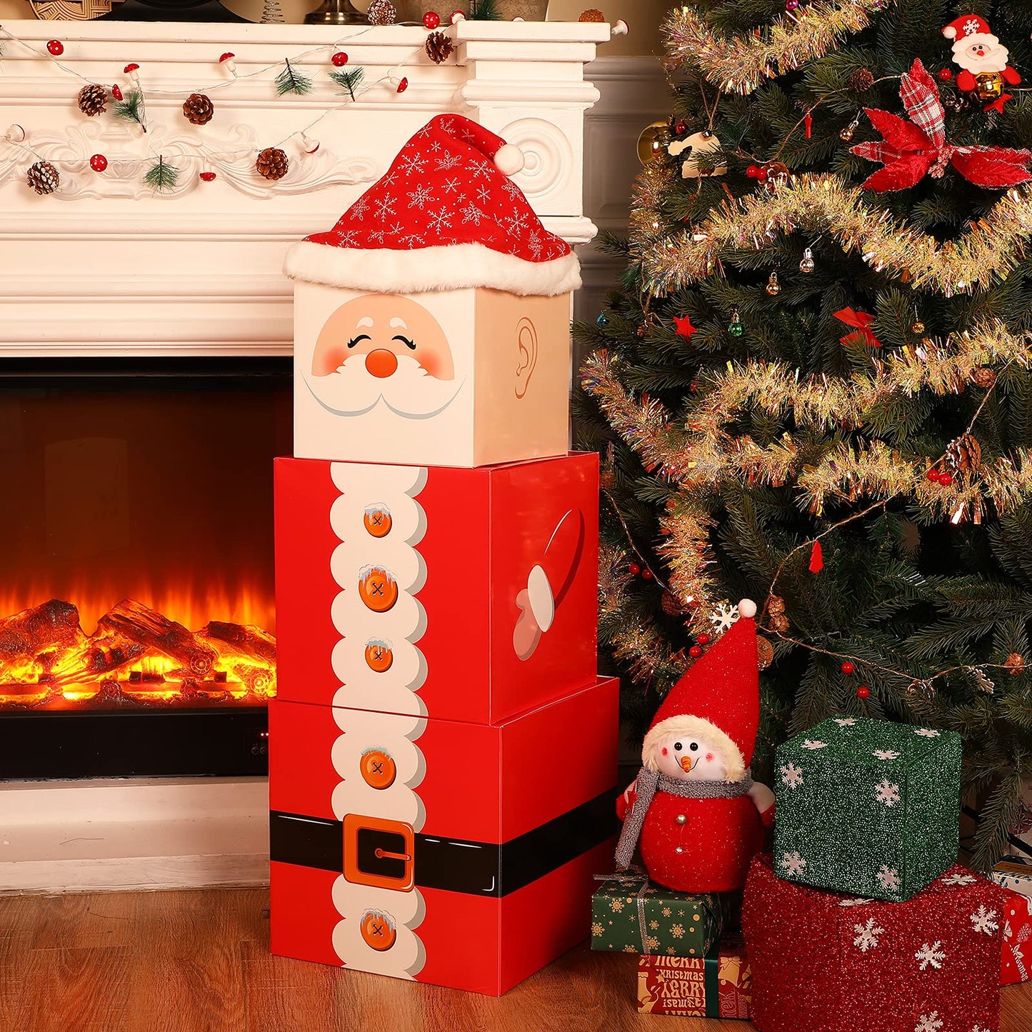 Marspark 4 Pieces Christmas Box Decoration Nesting Decorative Stackable Nesting Christmas Stacking Boxes(Santa)
