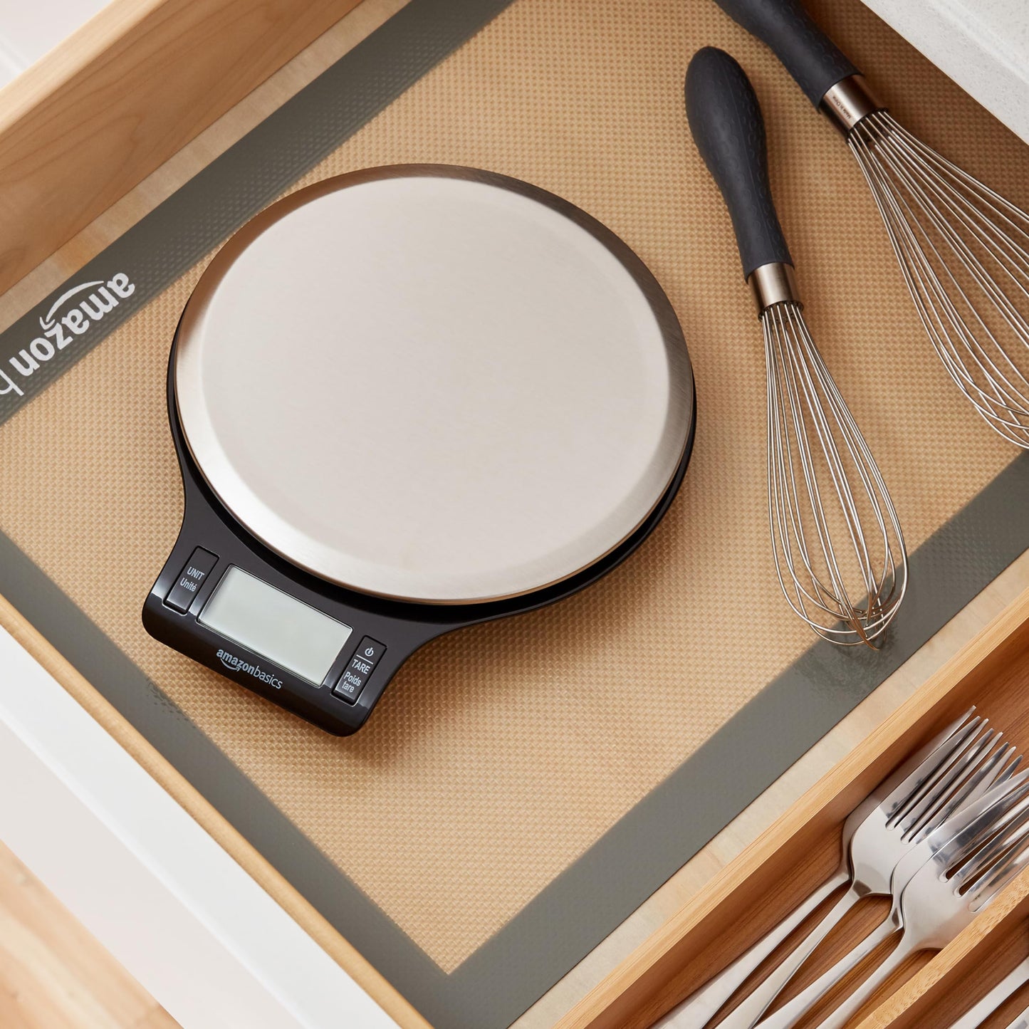 Amazon Basics Digital Kitchen Scale with LCD Display, Batteries Included, Weighs up to 4.9 kgs, Black and Stainless Steel