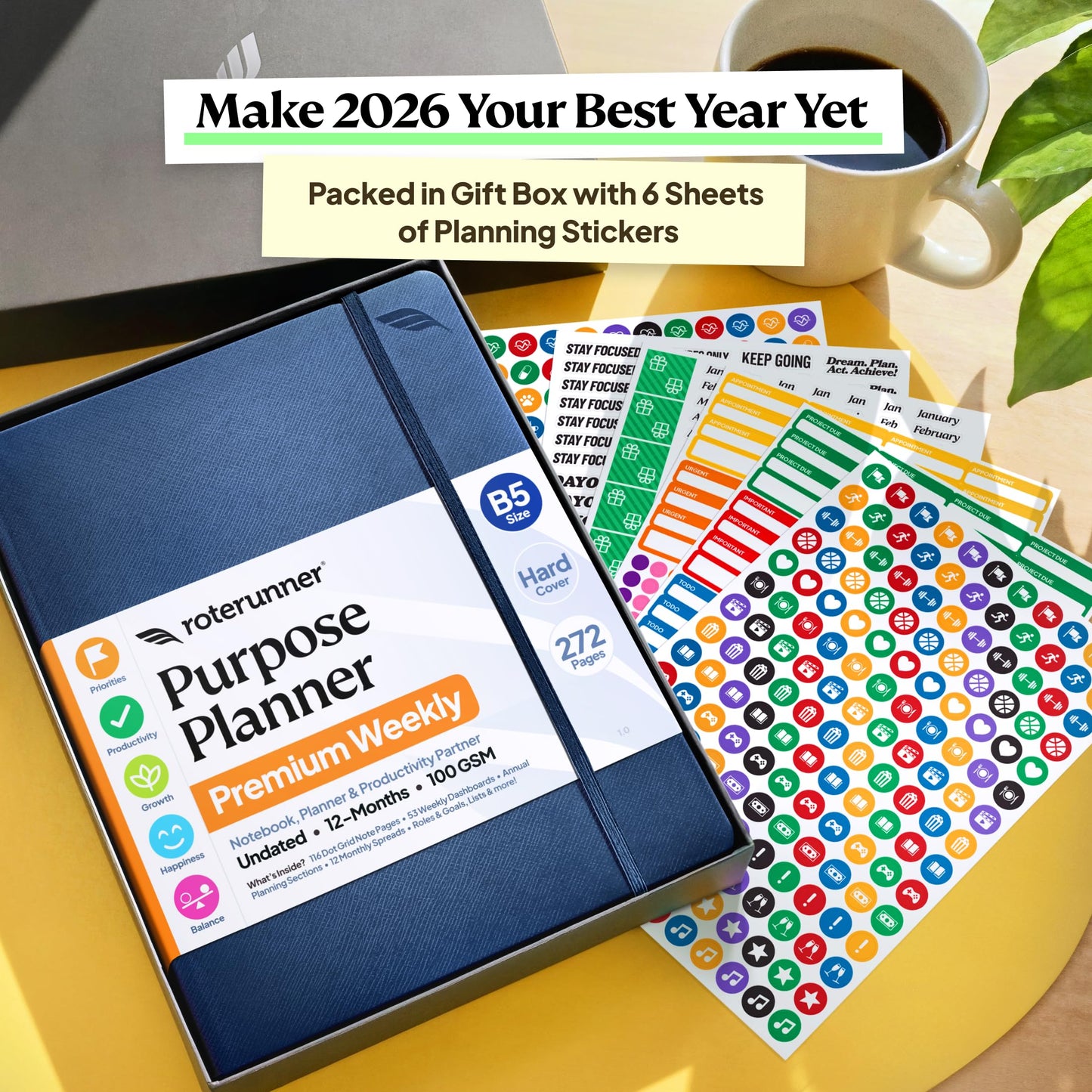 Roterunner Purpose Planner Notebook B5 7.5”x9.8” 12 Month Undated 2026 Daily Weekly and Monthly Productivity Goal Setting Tool for Work Home ADHD Planner for Adults Self Care Journa (Navy)