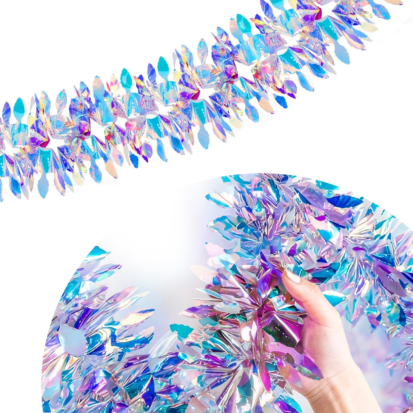 BTSD-home 2 Pack Iridescent Party Decoration Hanging Tinsel Garland Shiny Metallic Foil Reusable Fold-Flat Frozen Themed Party Supplies for Classrooms Bedrooms Pools Windows and Christmas Trees