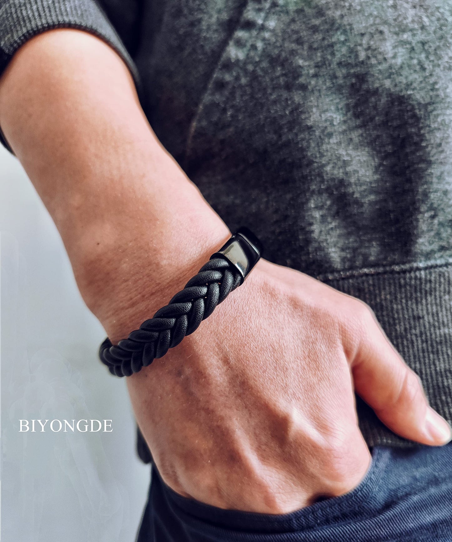 BIYONGDE Handmade Black Braided Leather Bracelet, Black Stainless Steel Clasp, Mens Cool Classic Stylish