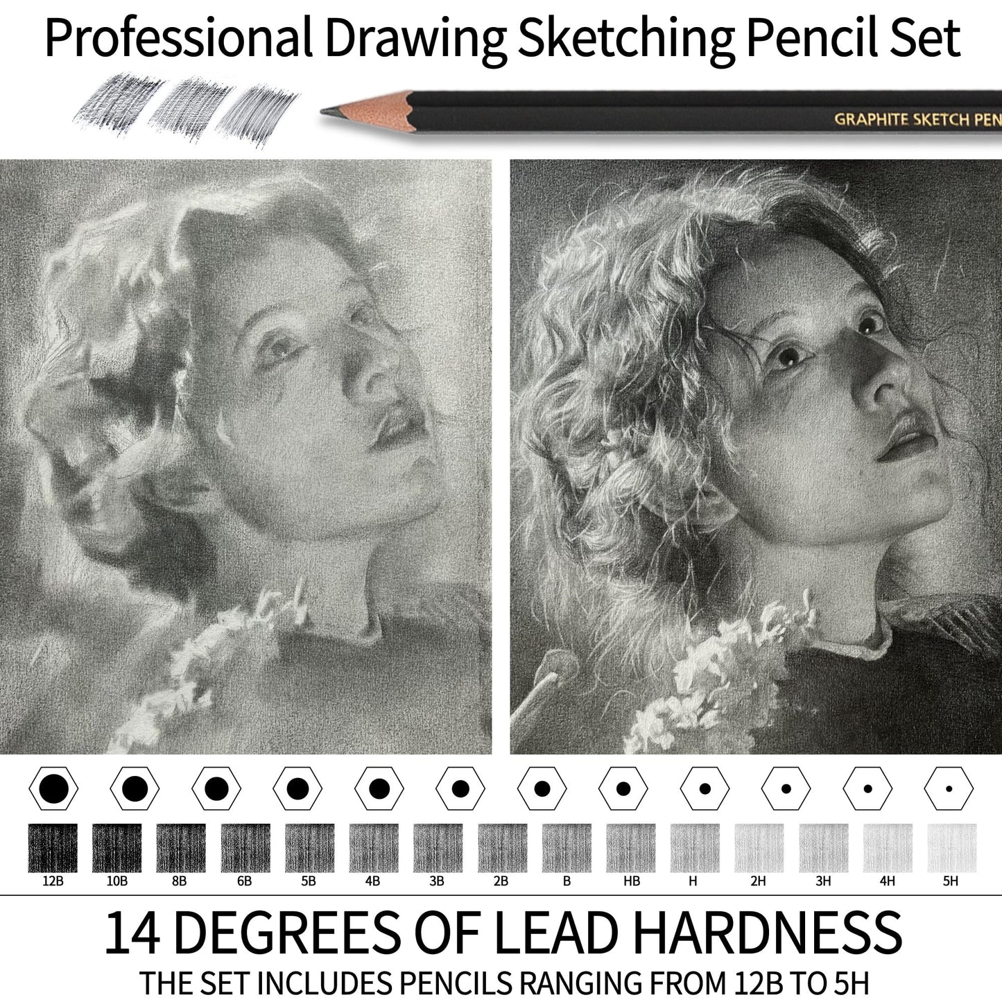 Qionew Professional Sketching Pencil for Drawing,14 Pack, Graphite Pencils, (12B-5H), Art Pencils for Drawing and Shading, Sketching, Ideal for Beginners & Pro Artists