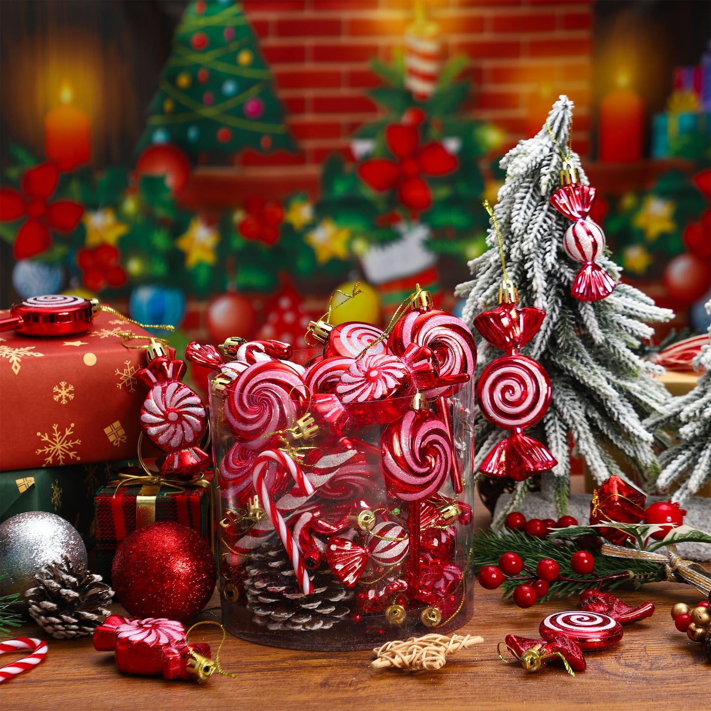 36 Pcs Christmas Candy Ornaments Hanging Glitter Candy Cane Christmas Tree Decoration Red Plastic Peppermint Lollipop Ornament with Golden Ropes for Xmas Home Party Decorations