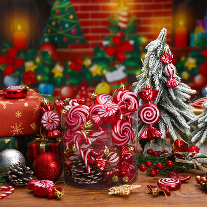 36 Pcs Christmas Candy Ornaments Hanging Glitter Candy Cane Christmas Tree Decoration Red Plastic Peppermint Lollipop Ornament with Golden Ropes for Xmas Home Party Decorations