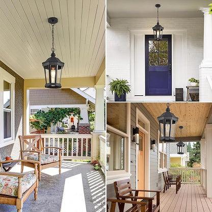 Large Outdoor Pendant Light Fixtures, 17.9" H Black Exterior Hanging Lantern Lights, Height Adjustable Outside Chandeliers with Clear Glass for Porch, Farmhouse, House