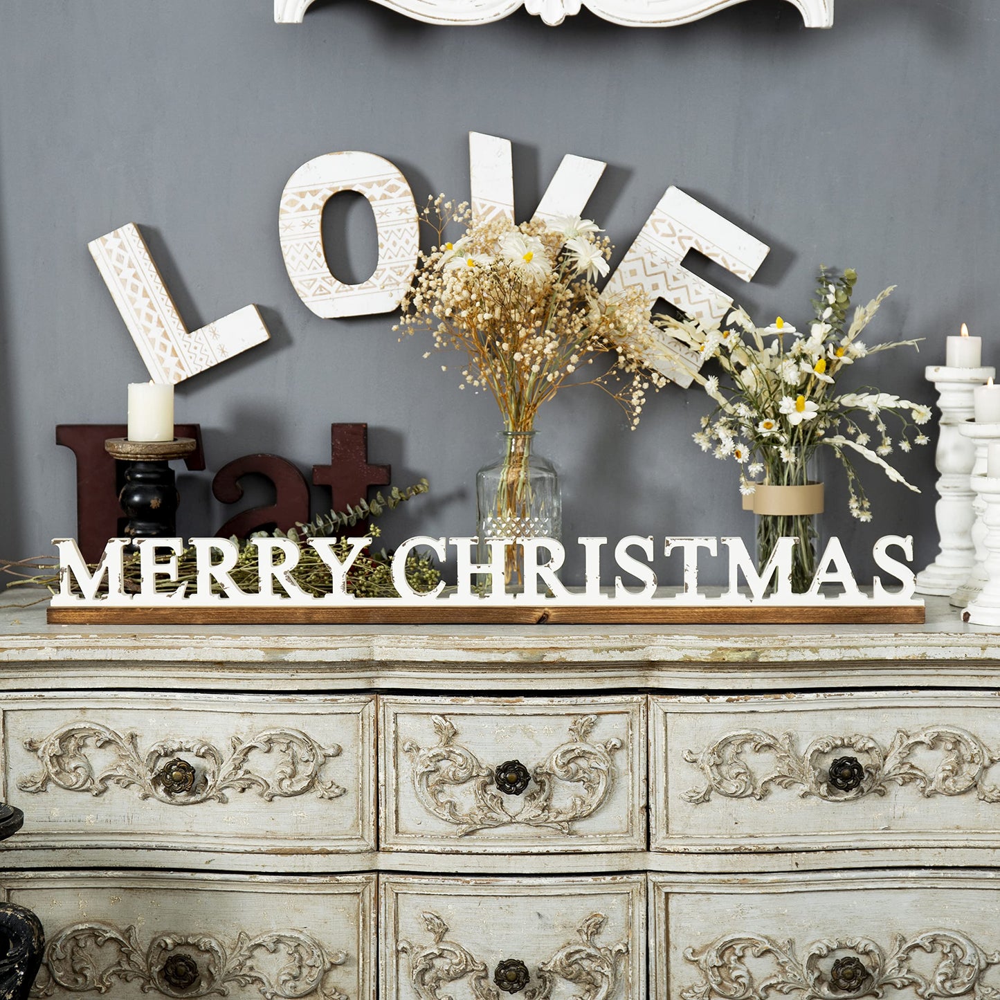 Farmhouse Merry Christmas Signs for Home Decor 36 inch, Handmade Distressed Finish White Winter Decor Christmas Wood Signs, Rustic Long Xmas Sign for Tabletop Shelf Mantle Living Room Bedroom