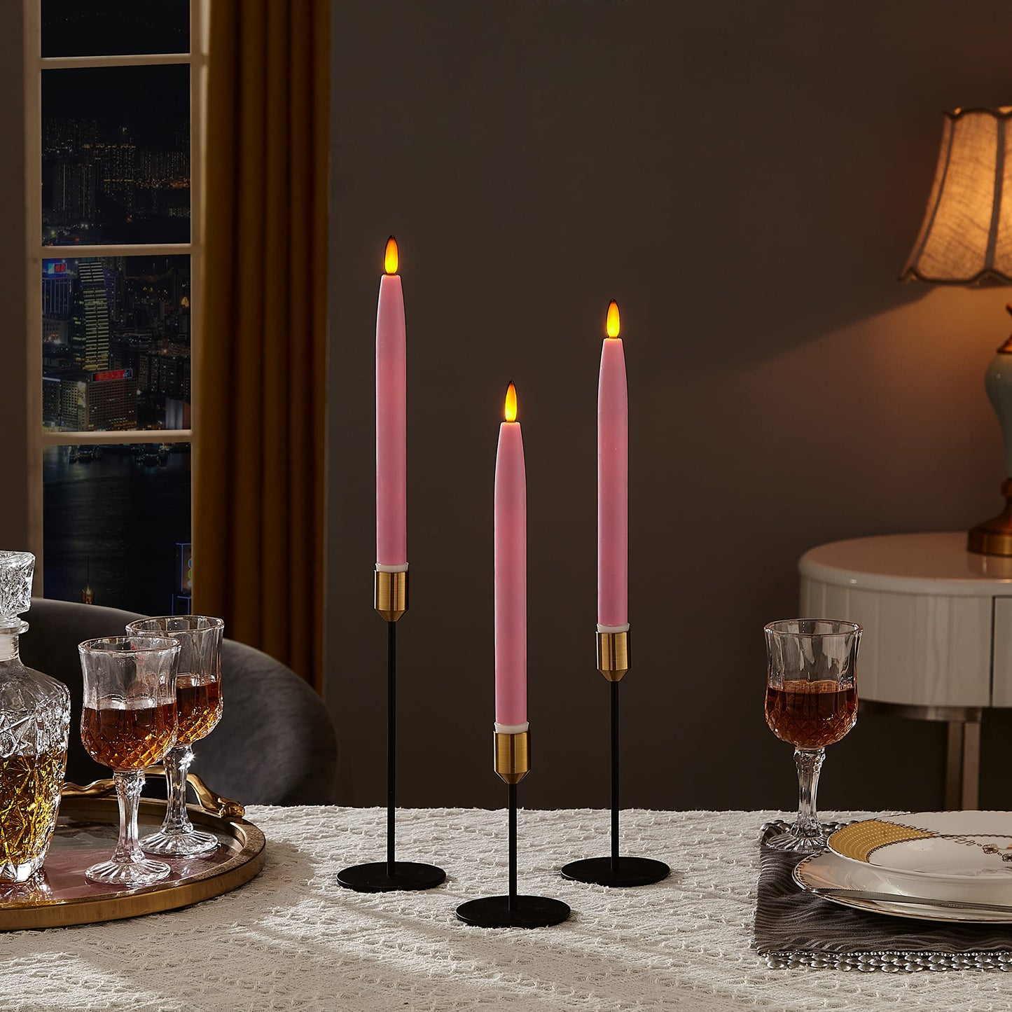 HVTDECOR Flameless Taper Candles Battery Operated with Timer and Remote, LED Real Wax Tapered Dinner Candle, Window Candle Set of 3. Centerpieces for Dining, Table, Christmas, Wedding (Pink)