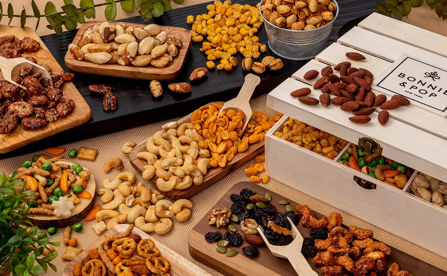 BONNIE AND POP Nut Basket, Healthy Gift of Assorted Nuts in Reusable Wood Crate, Large Variety Tray with Unique Flavors, Fathers Day, Parties, Holidays, Birthday, Sympathy, Office, Thank You, Him, Her