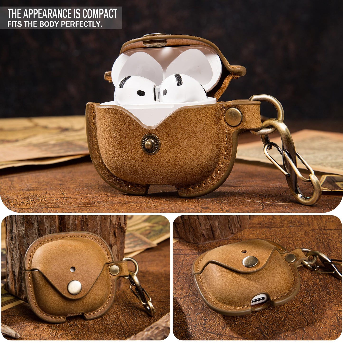for Apple Airpods 4 (2024 Release), Elegant Retro-Style Crazy Horse Leather Case Cover with Keychain, Supports Wireless Charging, Features Front LED Visibility for Easy Status Check (Brown)