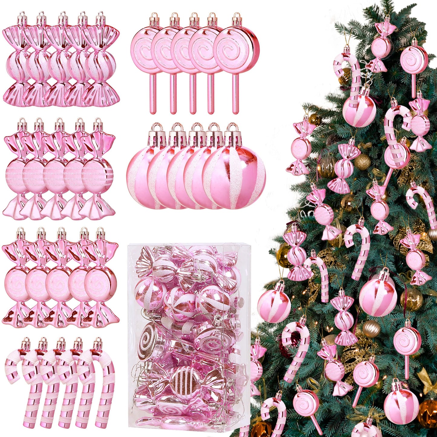 Christmas Candy Cane Lollipop Ornaments for Christmas Tree 30Pcs Xmas Plastic Peppermint Christmas Tree Hanging Ball Pendants for Xmas Party Indoor New Year Holiday Home Decorations (Pink)