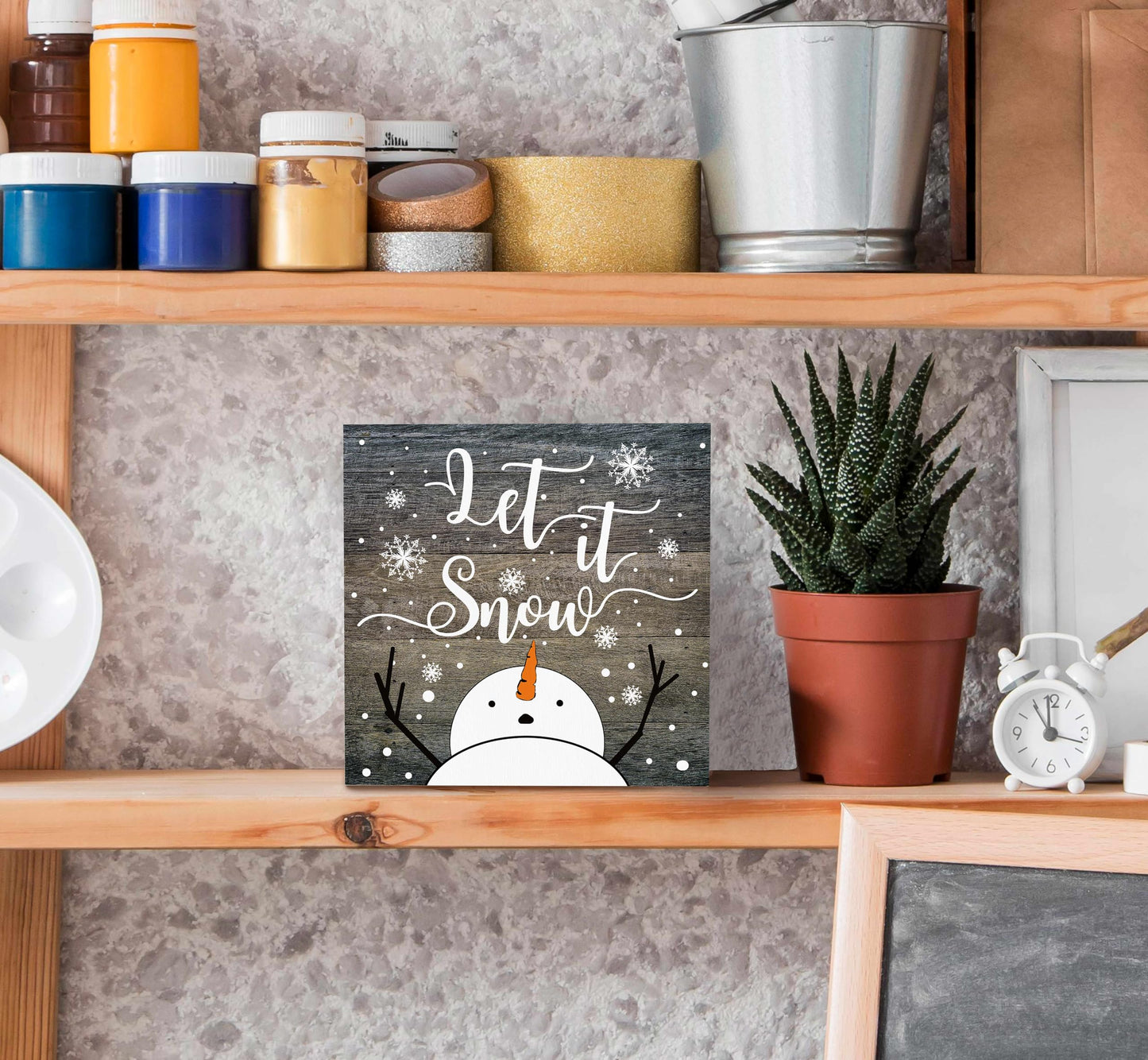 SRADMO Let It Snow Christmas Wooden Sign Desk Decor, Snowman Christmas Decor, Rustic Winter Snowflake Wood Block Signs for Home Office Xmas Party Holiday Desk Table Shelf Decorations, 5x5 Inches