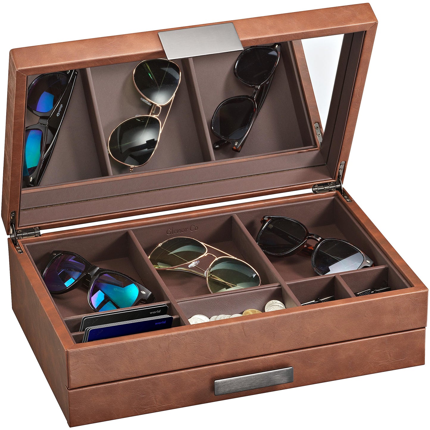 Glenor Co Mens Valet/Dresser Organizer - Luxury 12 Slot Jewelry Accessories Box, Carbon Fiber Design, Drawer Tray, Metal Buckle & Large Mirror for Men’s Watches, Sunglasses, Wallet - Pu Leather Brown