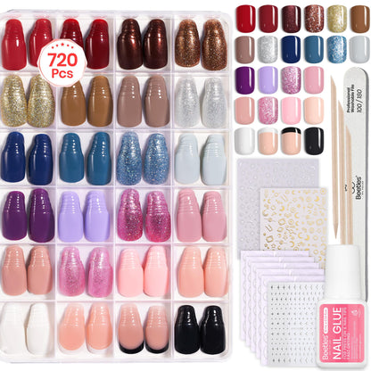 Beetles Press on Nails Kit 720Pcs 24 Colors, Press on Nails Short Almond Glossy Matte Glitter With Nail Glue & Nail Tabs Stickers, Natural Fit Lightweight Fake Nails Kit Art For Women Girls