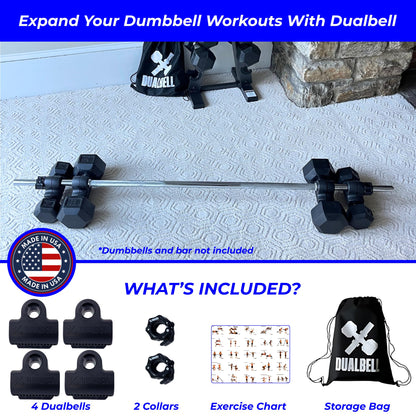 Dualbell Dumbbells to Barbell Converters- Quick Setup Dumbbell Connectors, 500lb Capacity Barbell Adapters, Secure Fit, Quick Setup, Fits 1" Bars, Home Gym Equipment, 2 Pairs w/Black Weight Collar