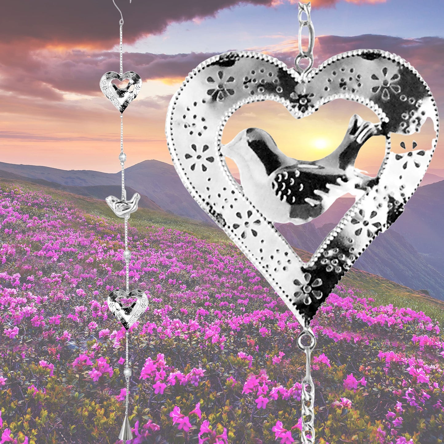 Hanging Garden Decor Hearts and Birds Mobile, Silver Filigree Outdoor Decoration with Glass Marbles and Bell Chime, 38 Inch Metal Wind Chime Mobile for Patio, Porch, Yard, Balcony, Garden Gift