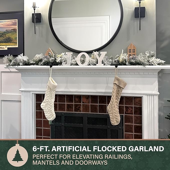 Fraser Hill Farm 6-Ft. Christmas Snow Flocked Garland with Pinecones Perfect for Door, Window, Wall, or Fireplace, Festive Holiday Decor