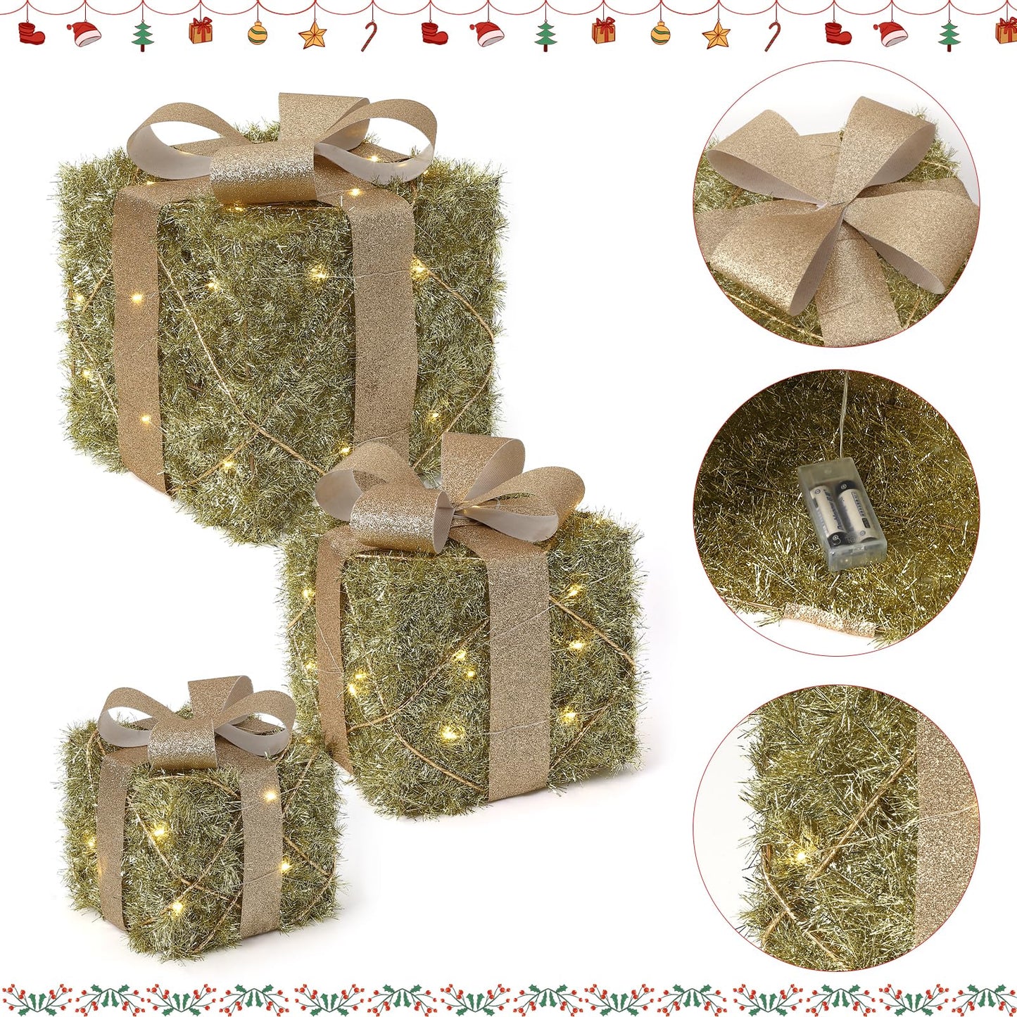 Garveehome Set of 3 Christmas Lighted Gift Boxes, Pre-Lit Gift Present Boxes with Ribbons and Bows, Light Up Xmas Ornaments for Indoor Outdoor Christmas Tree, Home, Yard, Lawn, Gold