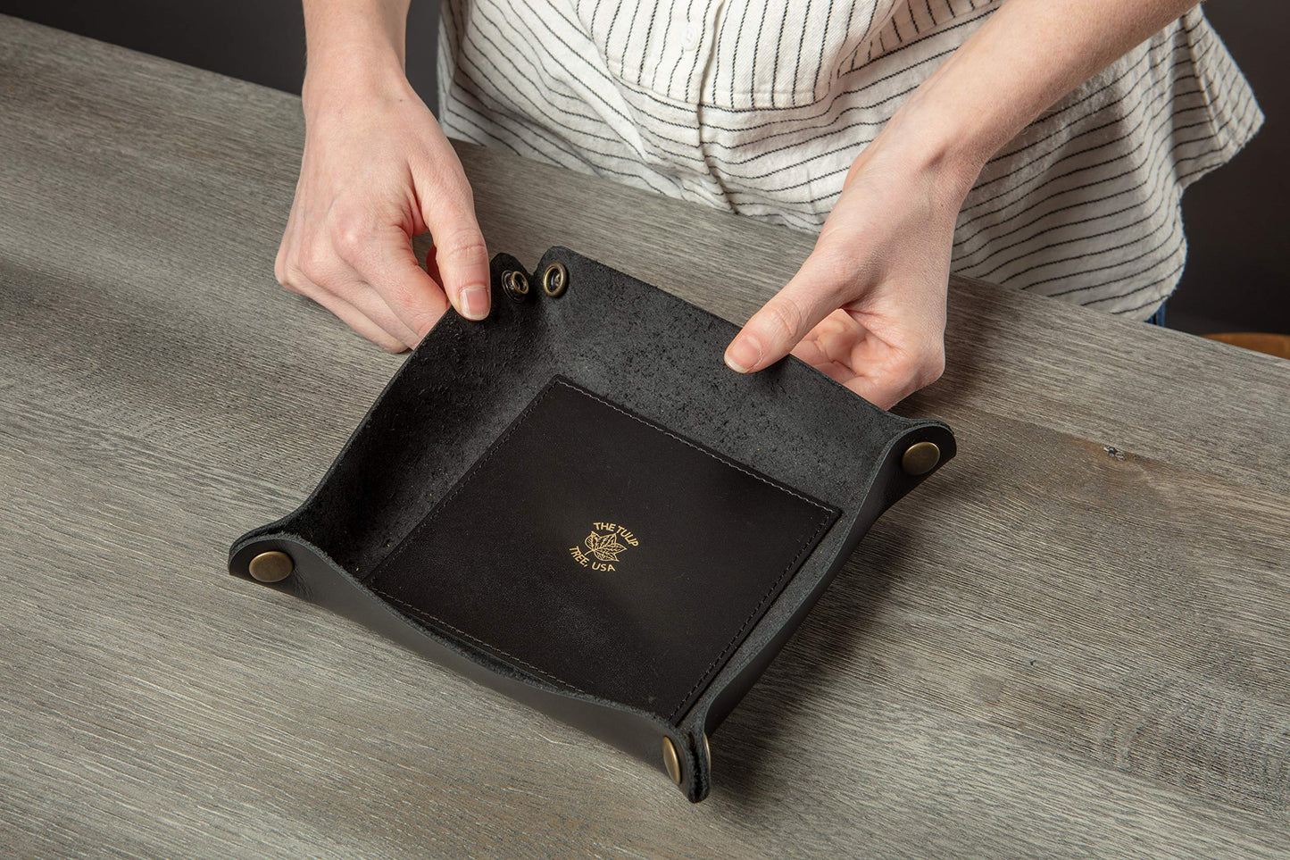USA Handmade Premium Leather Valet Tray, Folds Flat! Dice Rolling Basket and Organizer with Brass Snaps - for Keys, Jewelry, Coin, EDC, Watch Storage Caddy - Black Medium