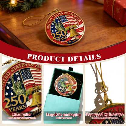 ALRALLI United States 250th Anniversary Ornament 1776-2026, America 250 Patriotic Metal Hanging Decoration with Cord, Storage Pouch, Liberty Bell Keepsake for Christmas Tree, Independence Day Gift