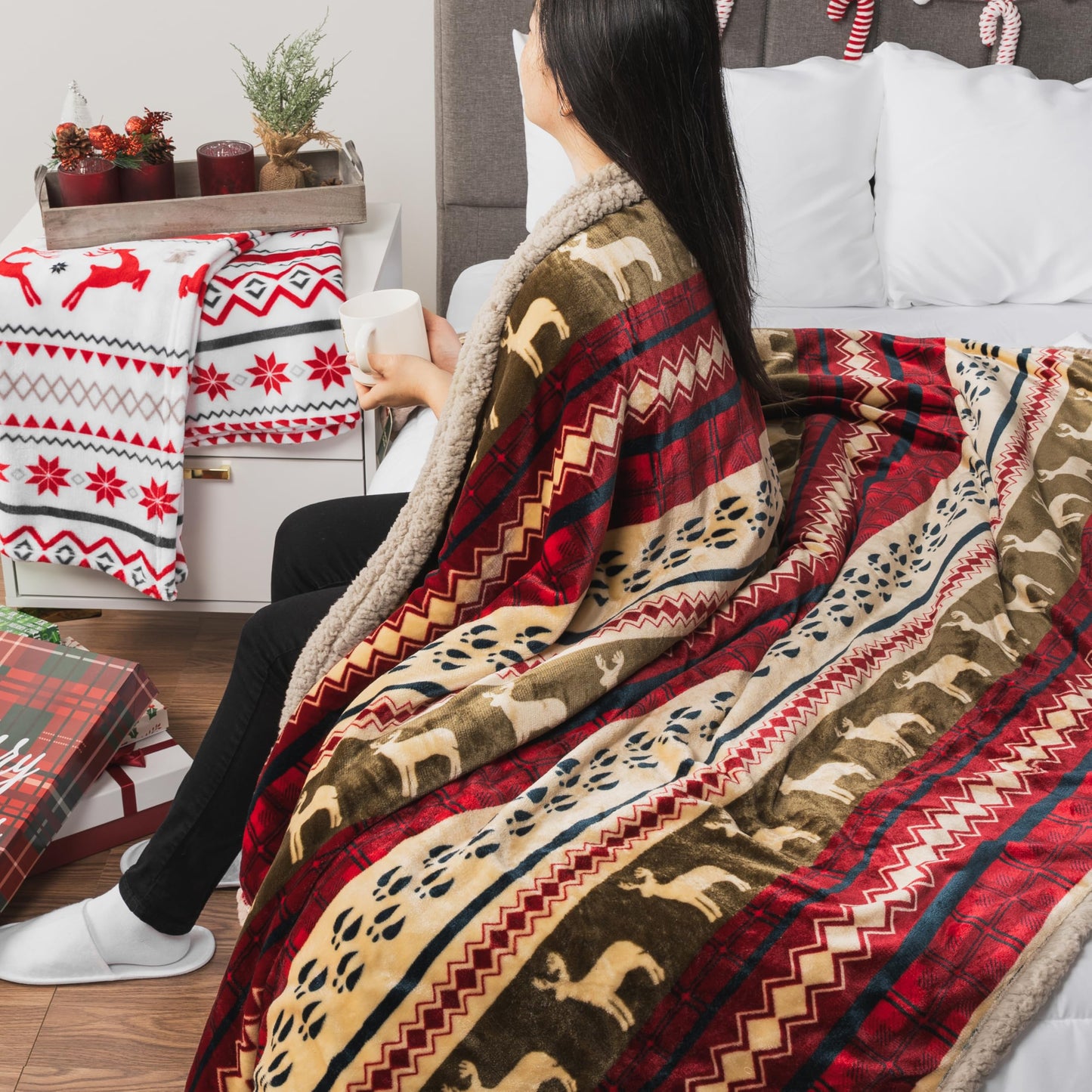 PAVILIA Premium Christmas Sherpa Throw Blanket, Green Red Cabin Design with Reindeer Print, Ultra Soft Reversible Fleece & Sherpa 50x60 Cozy Winter Blanket, Cozy Christmas & Holiday Decor
