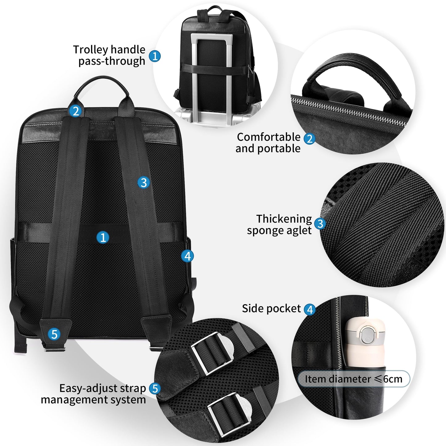 Colins Keirs Large Black Leather Backpack for Men, Minimalist Luxury Executive Computer Backpack for Men, 17.3 Inch Genuine Leather Laptop Backpack for Travel Work Business