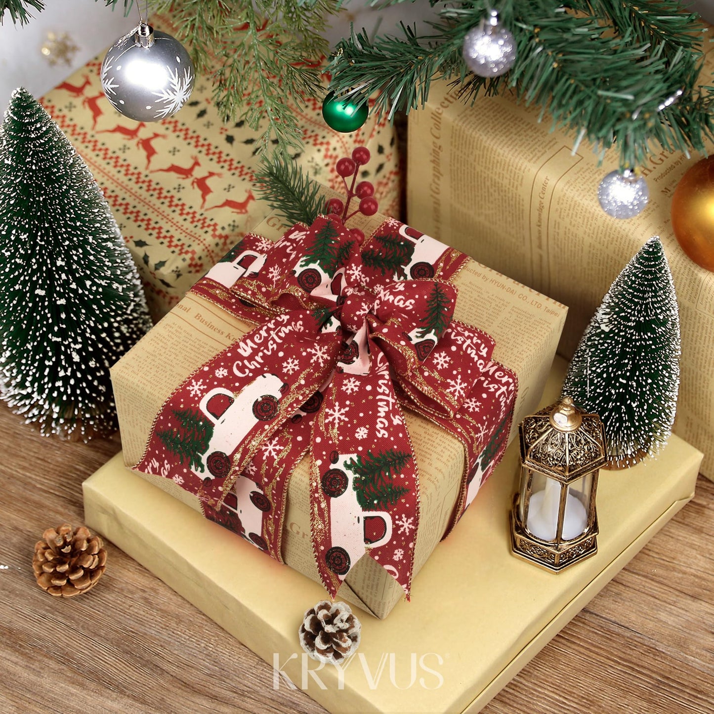 Kryvus Christmas Wired Ribbon, 2.5 Inch x 10 Yards, Red Linen Christmas Ribbon with Gold Wired Edge for Wreaths, Gift Wrapping, Christmas Tree Decorations & Holiday Crafts (Truck/Snow)