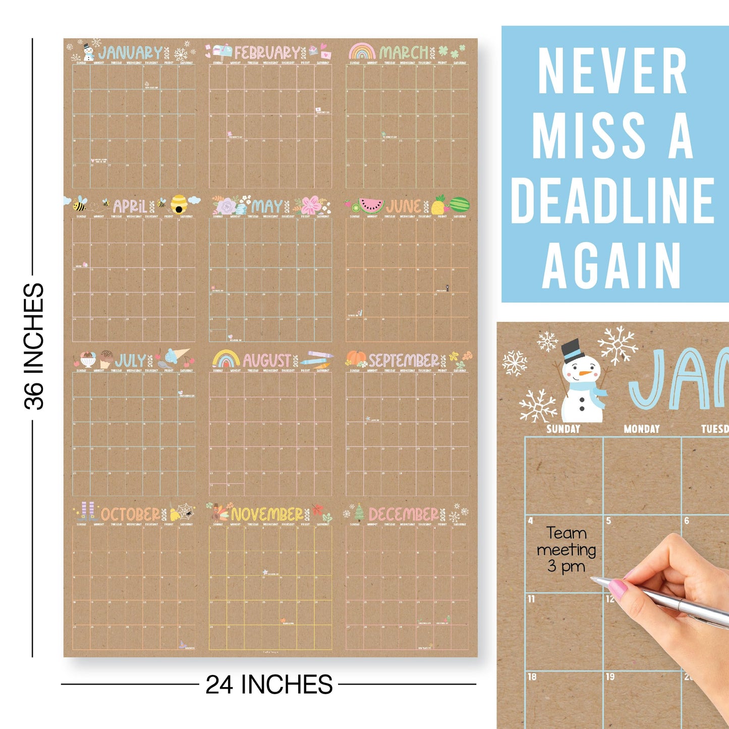 Hadley Designs Yearly Wall Calendar 2026 Large - 12 Month Dry Erase Calendar for Wall, Double-Sided, Reversible, Erasable, Reusable, Full Year Long Annual Planner - Kraft Pastel