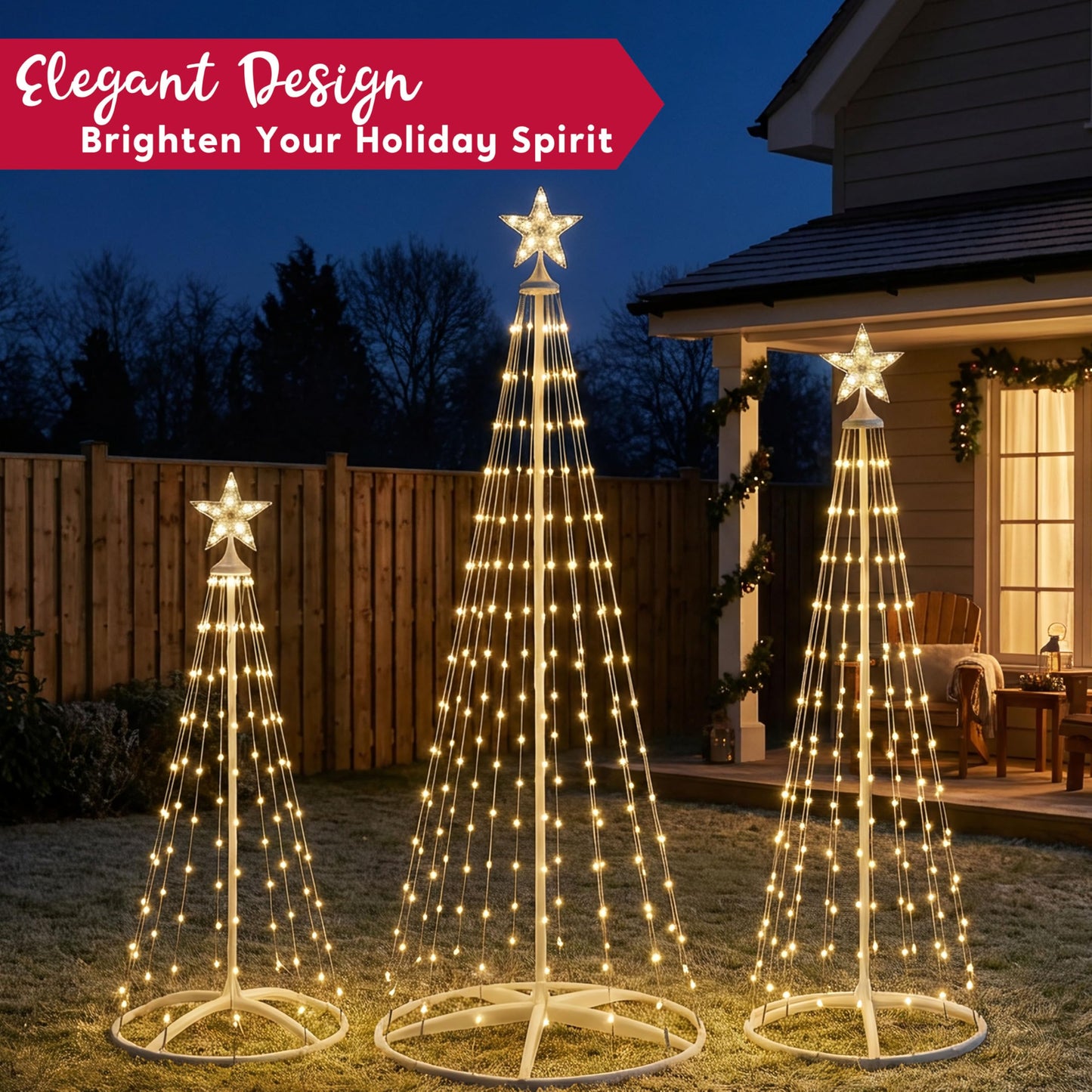 JOYIN 3 Pack LED Christmas Cone Tree Lights, 4FT 5FT 6FT Outdoor Lighted Tree with 8 Lighting Modes & Star Topper, Christmas Decorations for Yard Porch Patio Garden Holiday Decor, Warm White