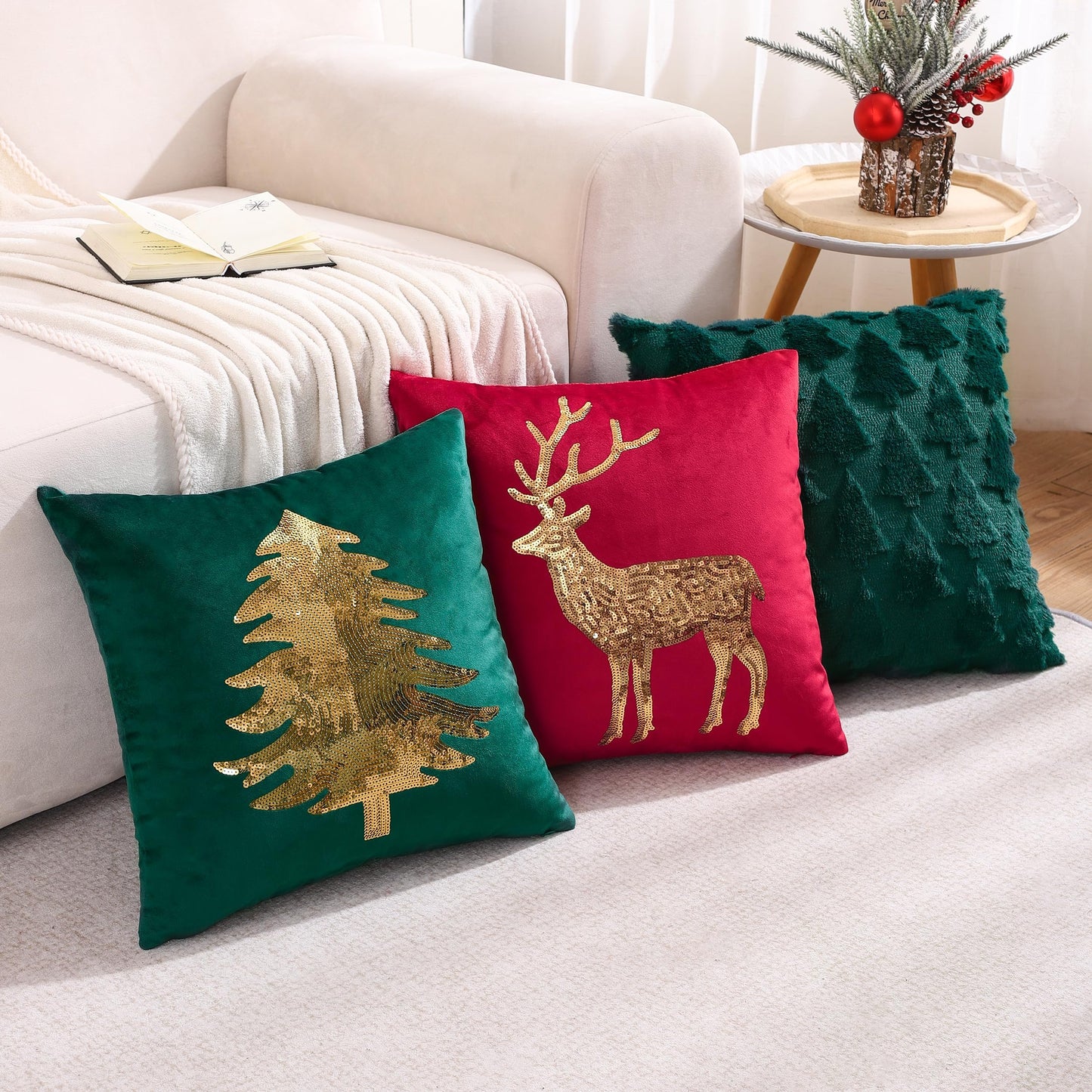 Tosleo Christmas Pillowcases 18 x 18 inch Set of 2 Dark Green Xmas Tree Sequins Throw Pillow Cover Christmas Pillow case Party Decorations Winter Holiday Cushion Cases