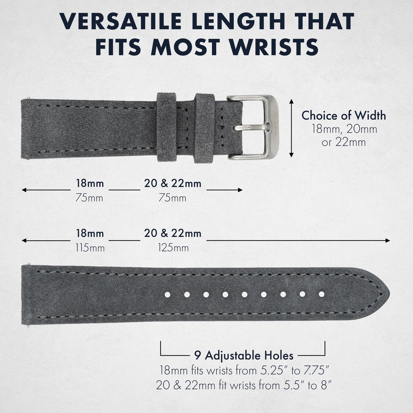 Benchmark Suede 22mm Leather Watch Band – 22mm Quick Release Watch Band with Stainless-Steel Buckle & 9 Adjustable Holes – Grey Leather Watch Bands for Men & Women (22mm, Grey)