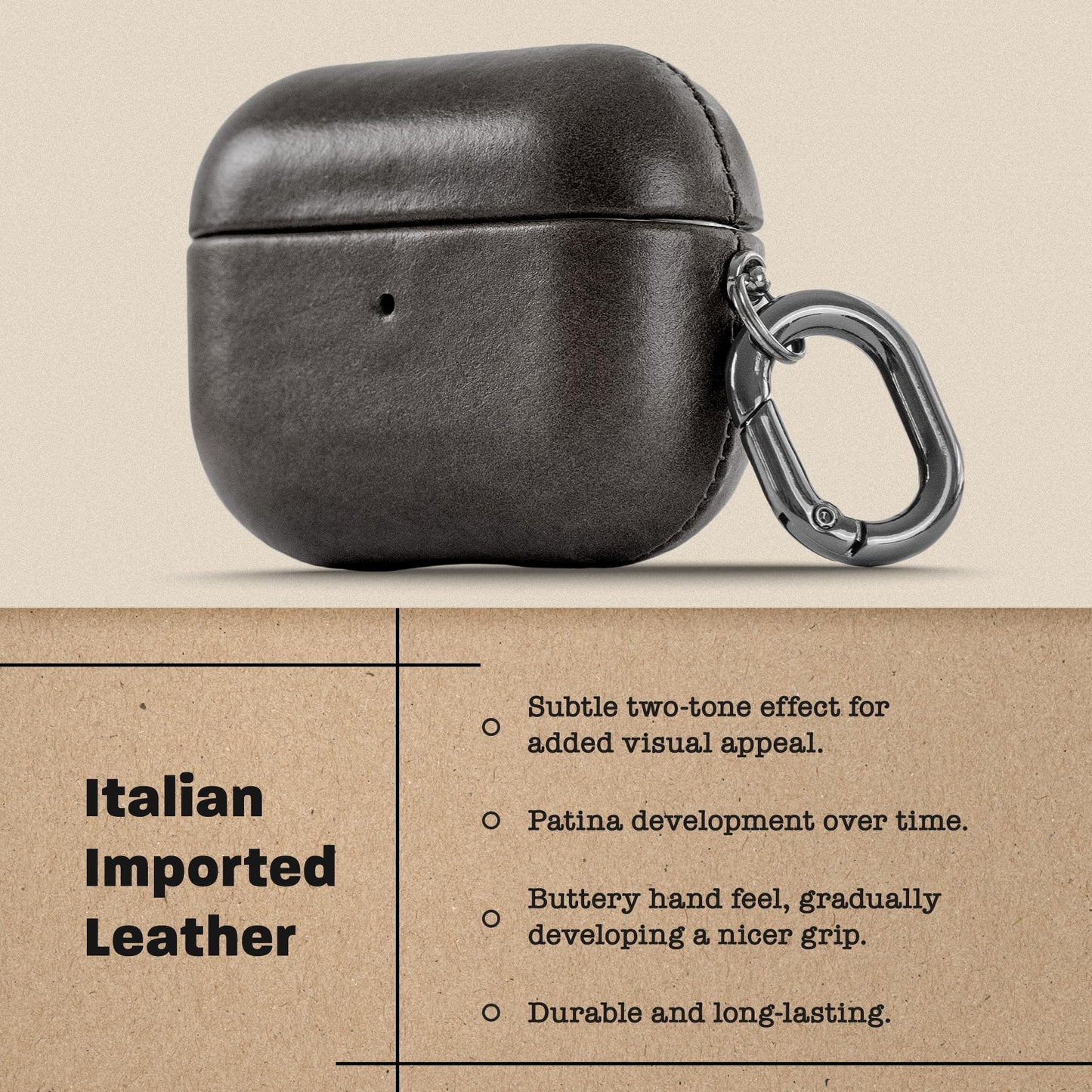Le Pelle - Handcrafted Premium Italian Leather Case - for AirPods Pro (2nd Generation ONLY) - Two-Tone Effect with Unique Patina Over Time - Graphite Black