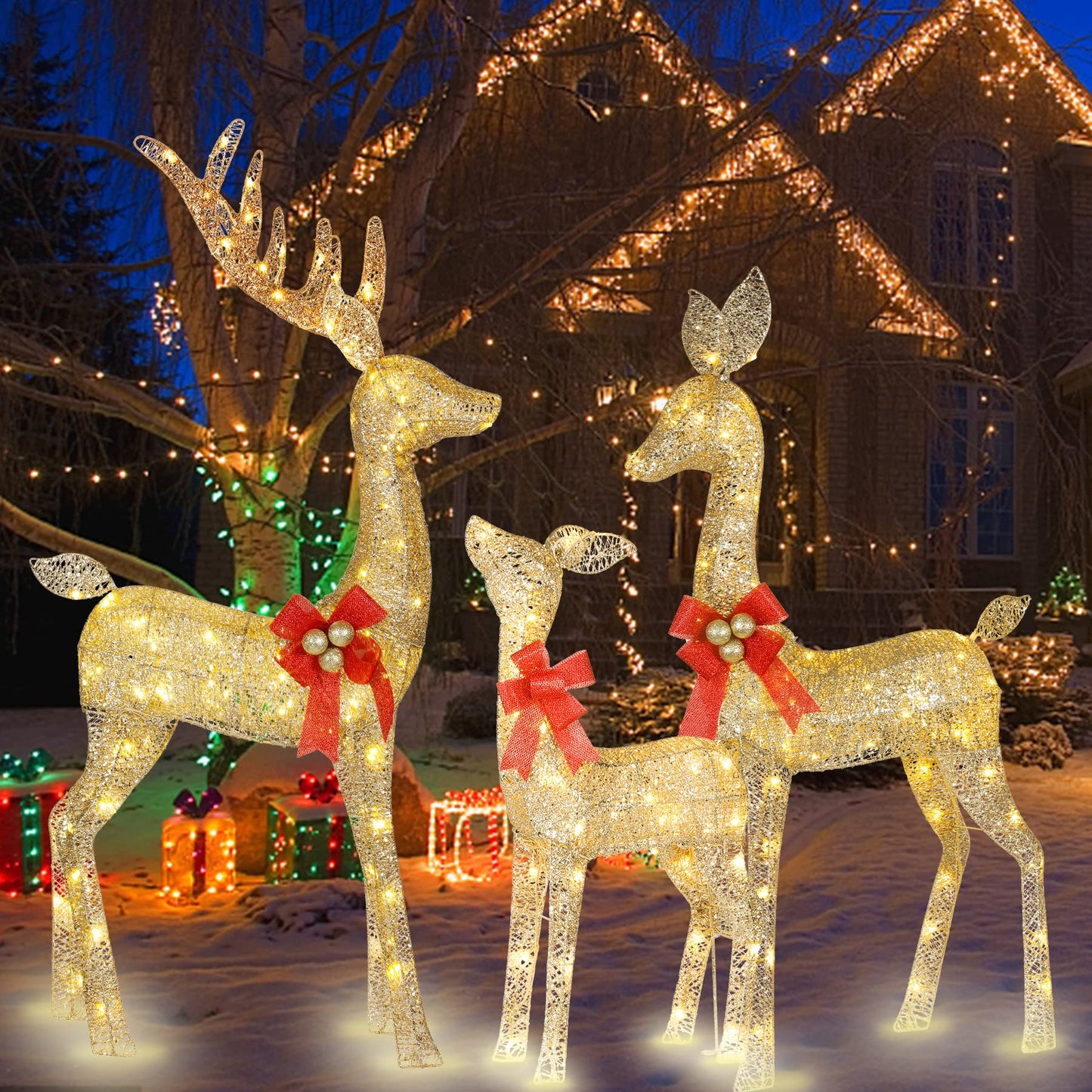 Lighted Christmas Decoration Deer 3 Piece, HOYECHI Light up Christmas Decor Reindeer Family Set for Indoor Outdoor Front Yard Porch with 210 LED Lights, Plug, Ground Stakes - Gold
