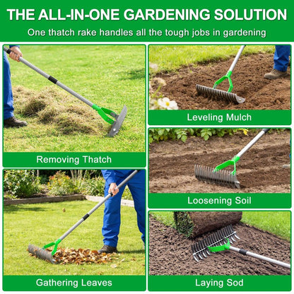 Thatch Rake for Lawn with 68" Adjustable Handle, 15" Heavy Duty Dethatcher Rake for Lawn, Thatching Rake with Dual-Action Tines, Dethatching Rake for Efficiently Removes Dead Grass, Loosens Soil