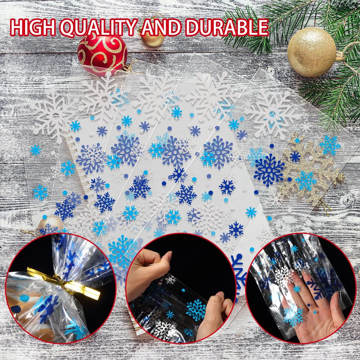 HESTYA 50 Counts 5 x 11 Inches Christmas Flat Clear Cellophane Treat Bags Block Bottom Patterned Storage Sweet Bags Twist Ties for Xmas Party Favor(Light blue, Blue, Silver Snowflake)