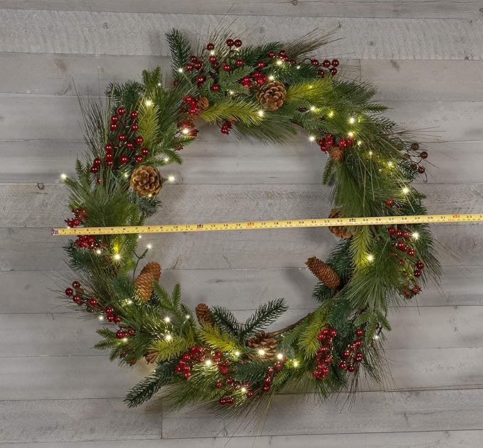 Red Co. 30” Light-Up Christmas Wreath with Pinecones & Evergreens, Battery-Operated LED Lights with Timer