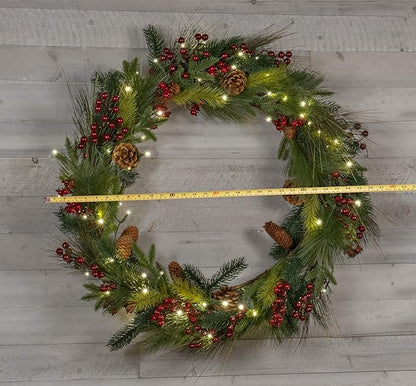 Red Co. 30” Light-Up Christmas Wreath with Pinecones & Evergreens, Battery-Operated LED Lights with Timer