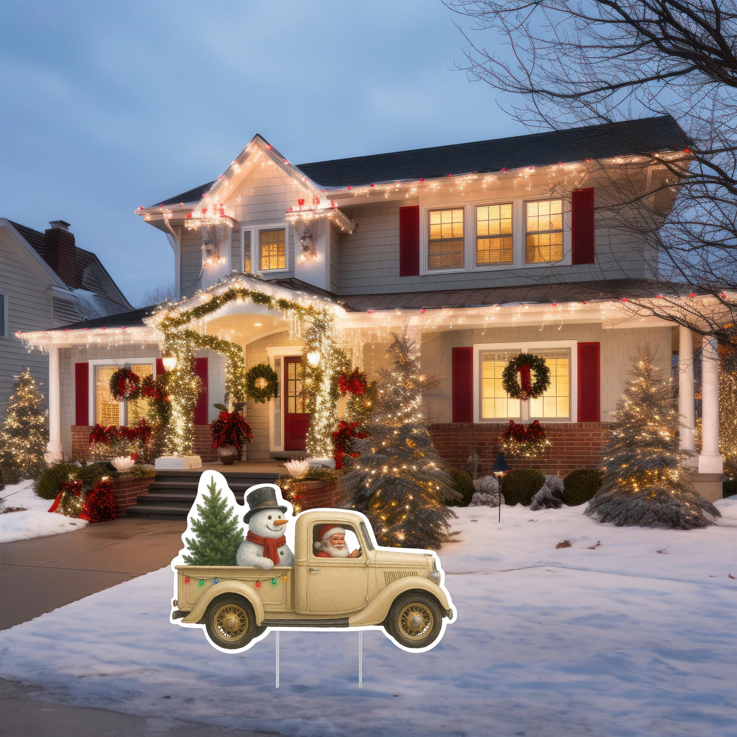White Truck Christmas Santa Claus Classic Yard Sign for Home Decor and Lawn Decoration With Stakes, Green Merry Christmas Sign Presents