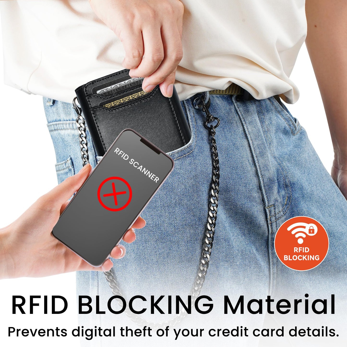 furid Genuine Leather Wallet with Chain: Trifold with RFID Blocking - Zipper Coin Pocket & Anti-Theft Chain - Biker Wallet for Motorcycle Outdoor - Gift for Father Husband