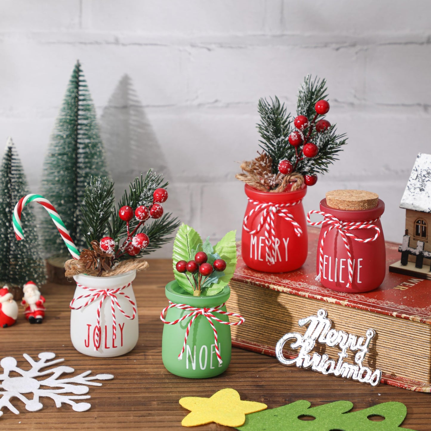 Christmas Mini Mason Jars, Winter Tiered Tray Decor, 4Pcs Holiday Farmhouse Decor Xmas Table Centerpieces Noel Merry & Jolly Decor for Home, Desk, Shelves, Christmas Gift