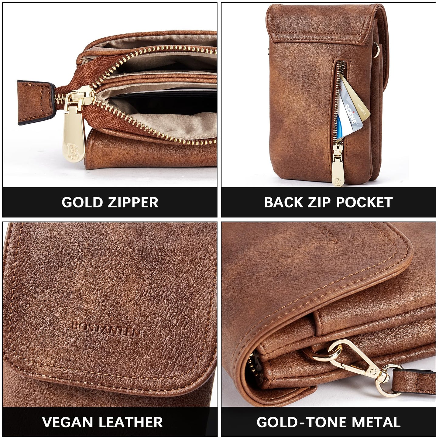 BOSTANTEN Vegan Leather Small Crossbody Bags for Women Designer Cell Phone Bag Wallet Purses Adjustable Strap Retro Brown
