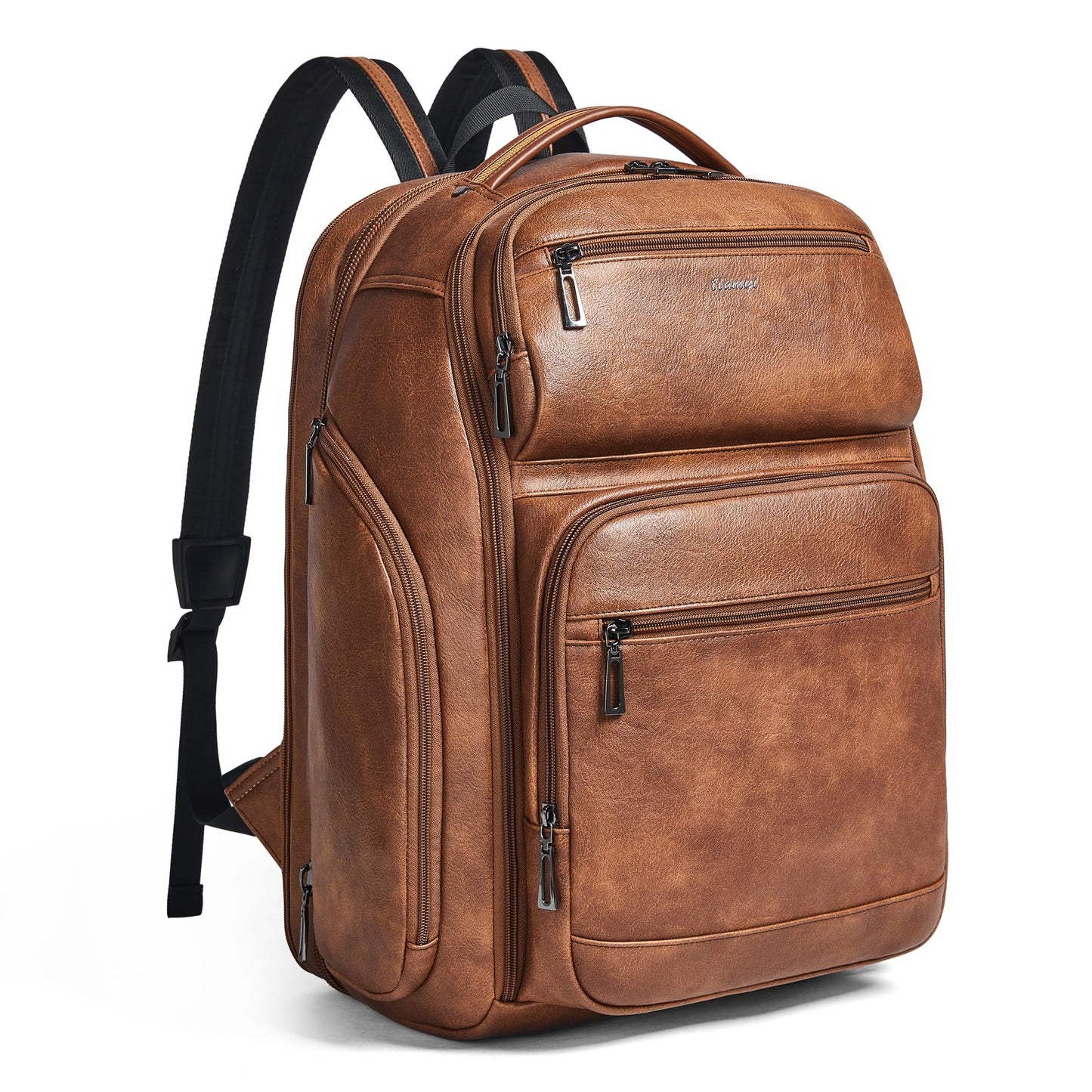 tiamyi Vegan Leather Backpack, 40L Expandable, TSA Travel Backpack for Men and Women, Fits 17.0 Inch Notebook with Luggage Strap and USB Port, Brown
