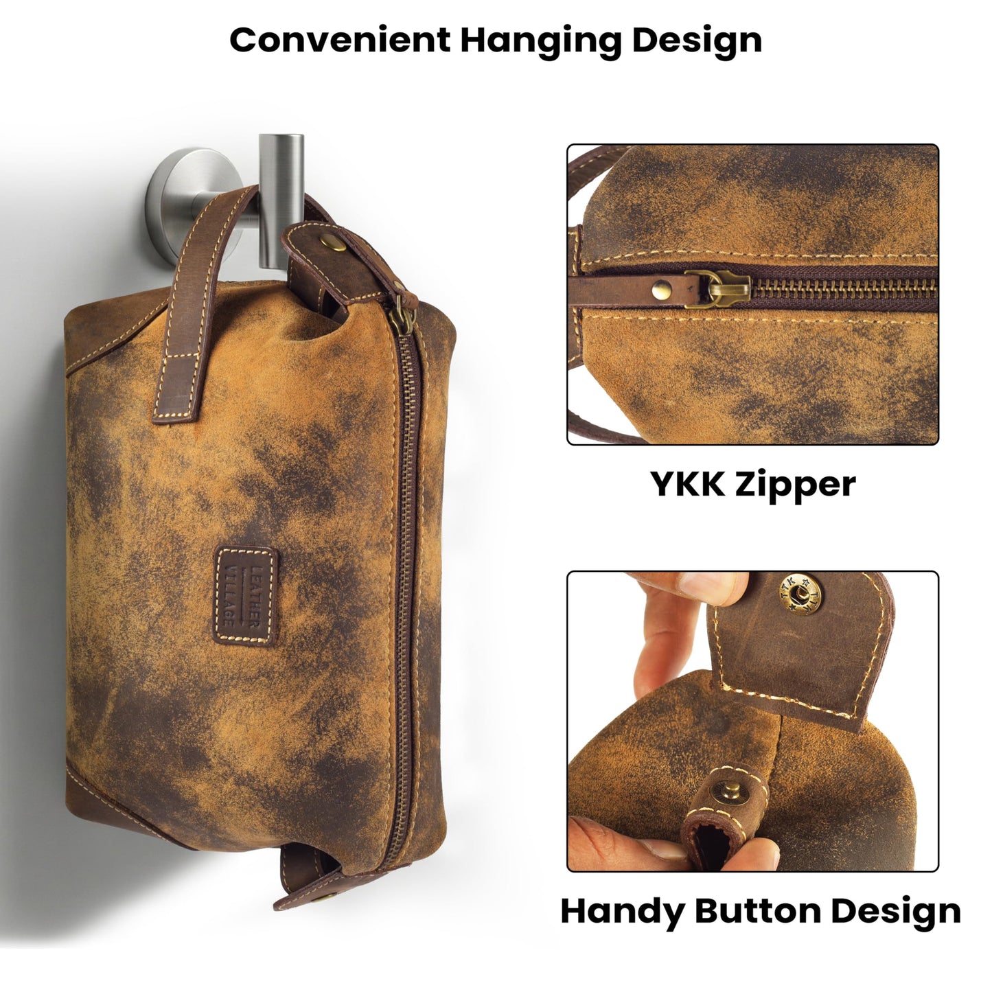 LEATHER VILLAGE Genuine Leather Dopp Kit for Men & Women with Waterproof Lining – Distressed Travel Toiletry Bag, Shaving & Bathroom Essentials Organizer - Distressed Brown