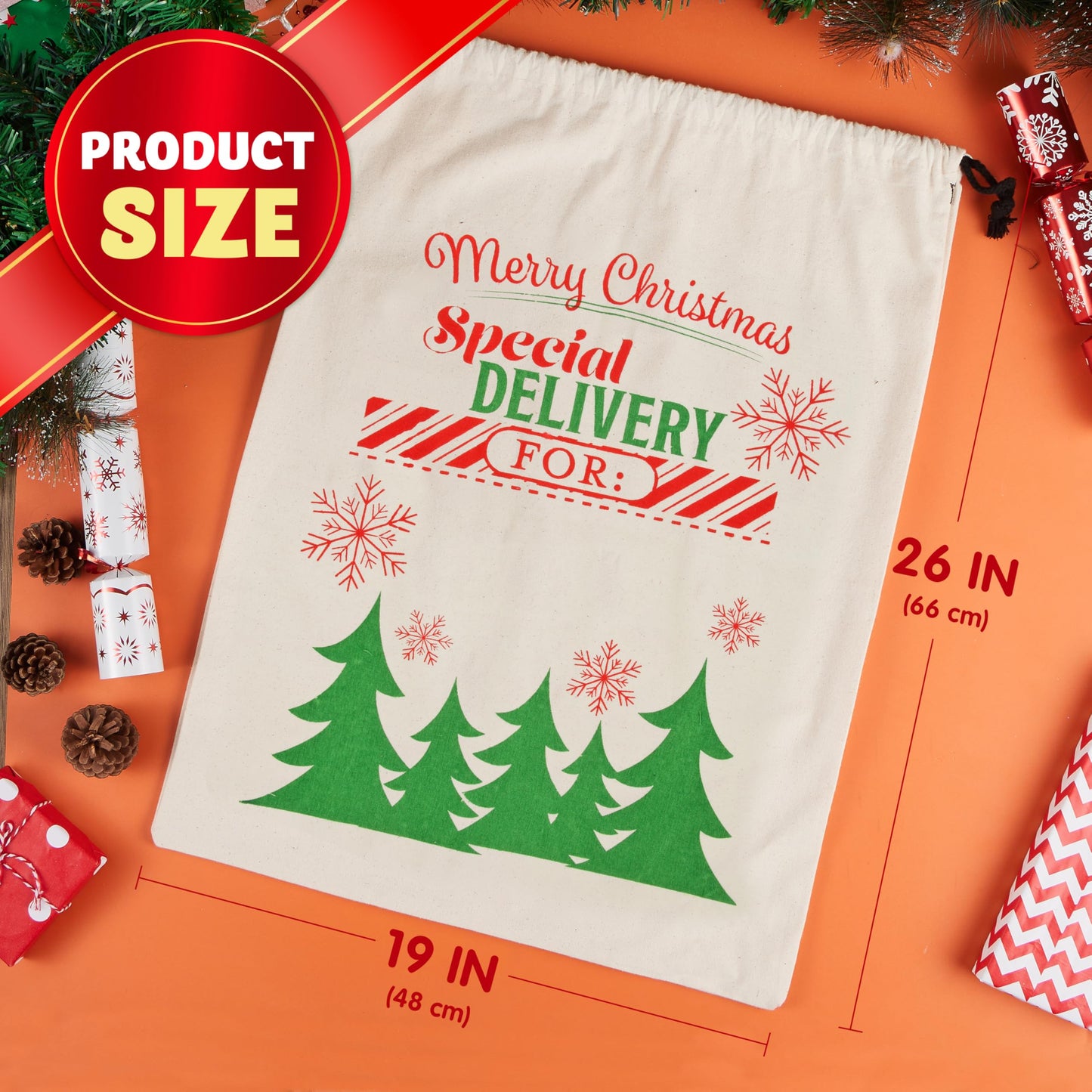 JOYIN 3 PCS Christmas Drawstring Santa Burlap Sack 26" x 19", Large Canvas Gift Bag Reusable Personalized Cloth Pouch for Xmas Presents Package, Party Supplies, Hoilday Decoration