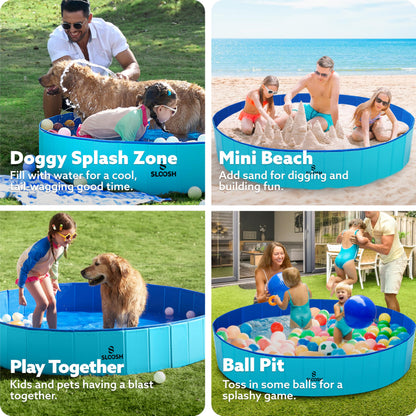 Sloosh Foldable Dog Kiddie Pool - Portable Hard Plastic Doggie Swimming Pool, Anti-Slip Collapsible Pets Bath Tub Suitable for Kids Indoor Outdoor Backyard Use (71" x 12", Blue)
