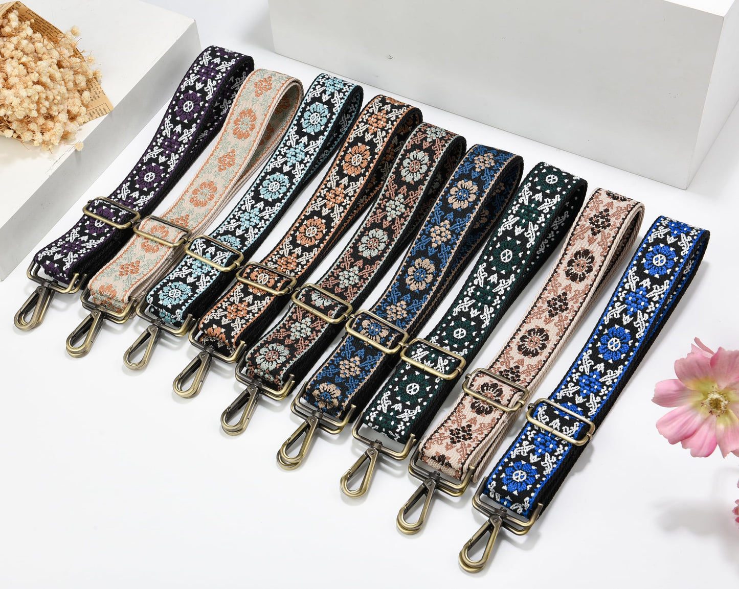 LVYOUME Purse Strap Adjustable Replacement BeltsBrushed Brass Hardware Retro Jacquard Embroidery Wide Bag Straps for Canvas Crossbody Purses Messenger Bags Shoulder Handbags