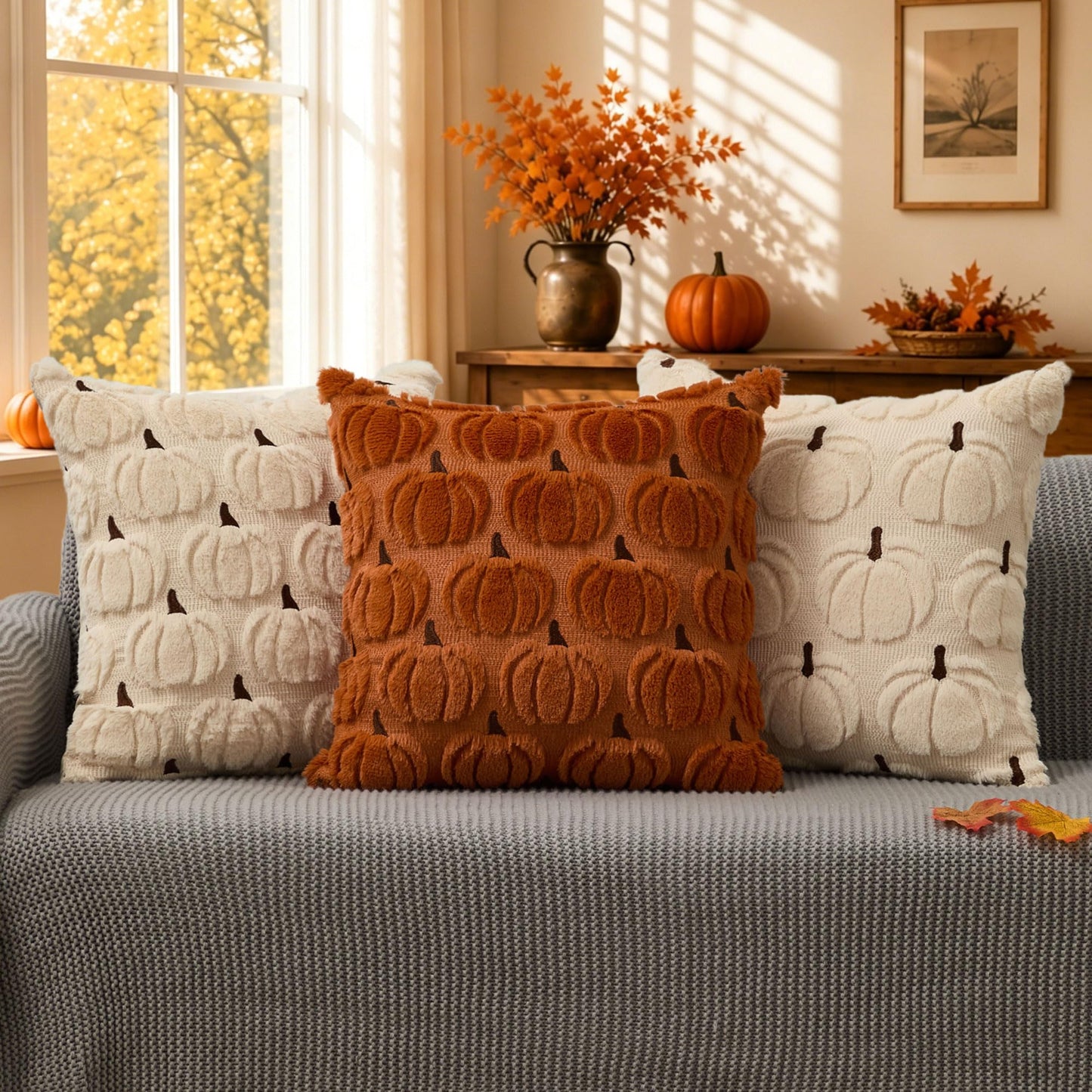 DFXSZ Fall Pillow Covers 18x18 Set of 2 Fall Decorations Beige Brown Pumpkin Throw Pillow Cases Soft Faux Fur Wool Couch Cushion Case for Chair Sofa Bedroom Living Room Home Decor PTK02V18