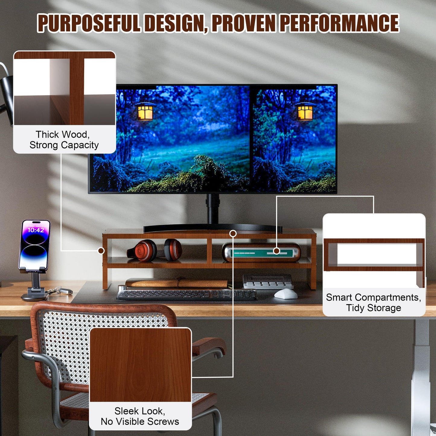 Qecamy Monitor Stand Riser with Storage, 2 Tier Desk Organizer & Desktop Wood Shelf, Ergonomic Computer Stand for Laptop, PC & Printer, 16" Small TV Riser with 50 lbs Weight Capacity, Walnut Brown