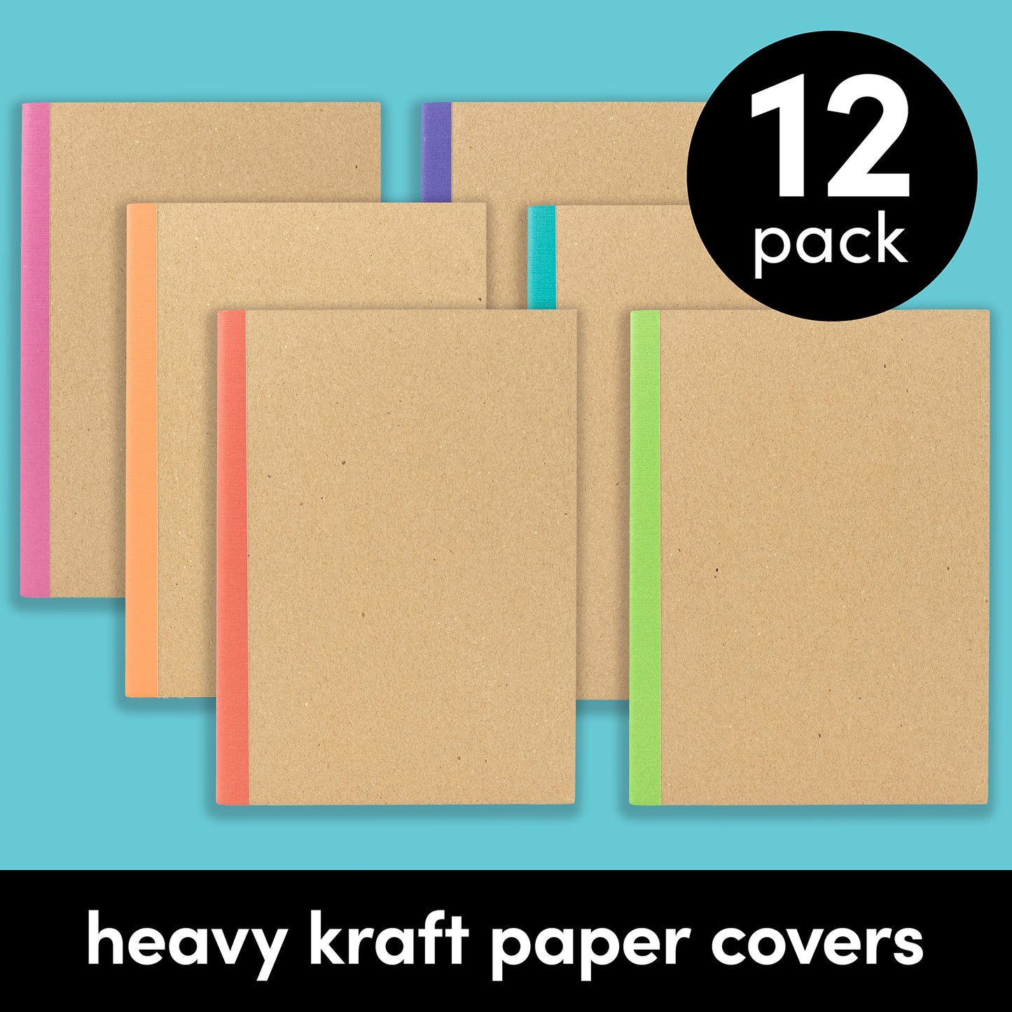 PAPERAGE 12-Pack Composition Notebook Journals, 120 Pages, Kraft Cover with Rainbow Spines, College Ruled Lined Paper, Small Size (8 in x 5.75 in) – for Home, Office or School Supplies
