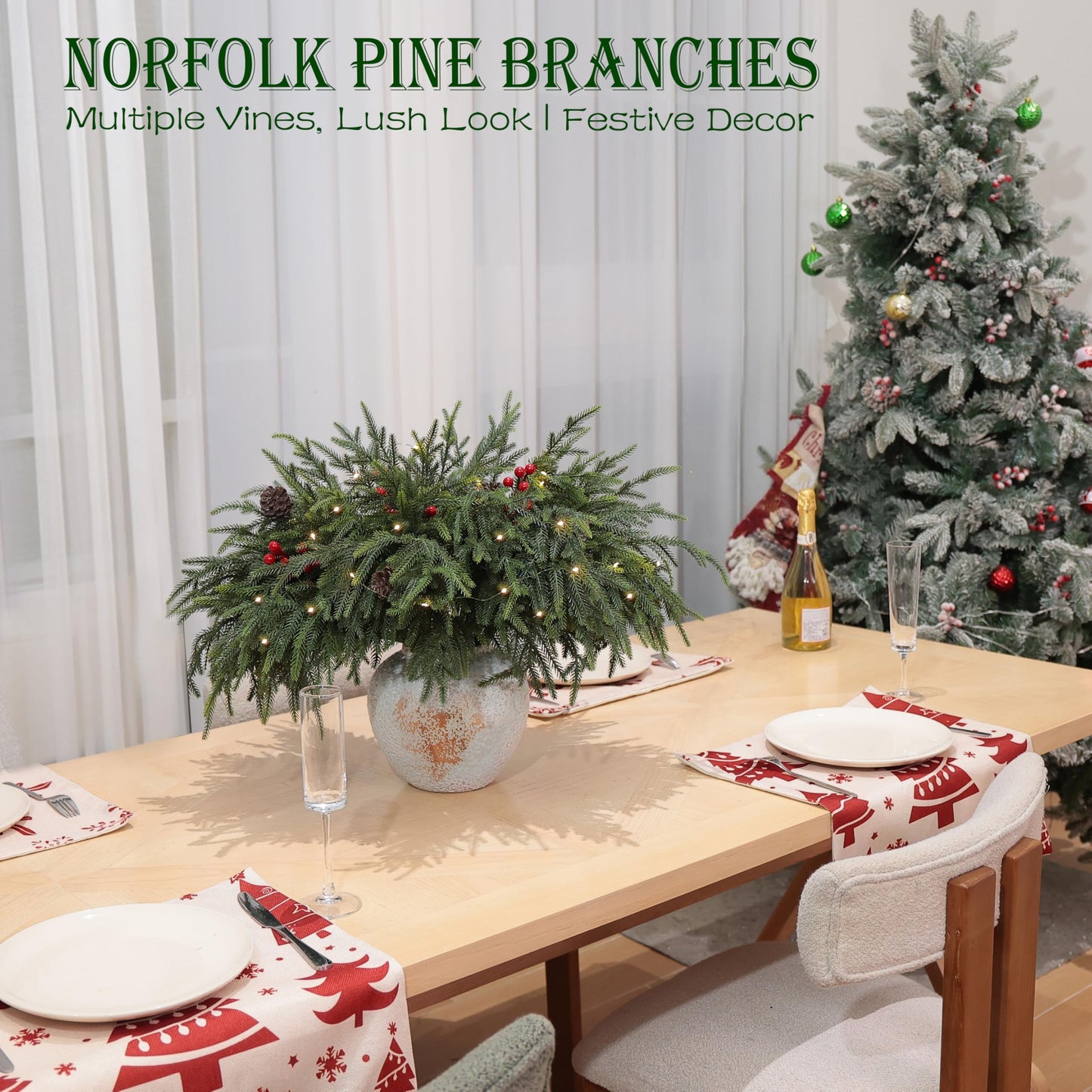 QXXQ 12-Piece Set 24" Artificial Norfolk Pine Branches - Christmas Decorations - Faux Christmas Greenary - Faux Norfolk Pine Stems for DIY Crafts Garland Wreath Home Decor- Free LED String Lights